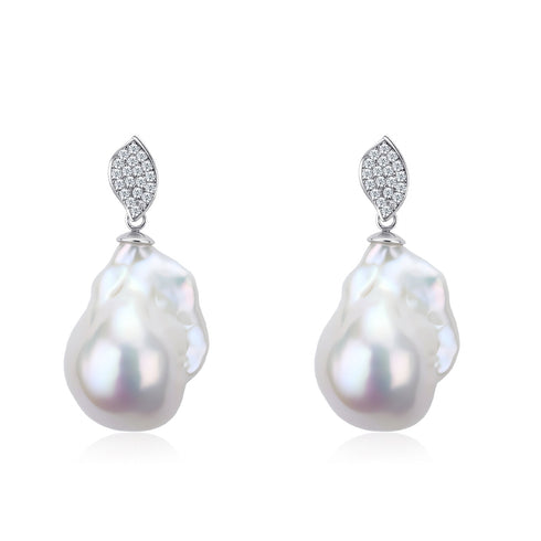 Leaf Zirconia Bold Baroque Pearl Earrings – Sterling Silver